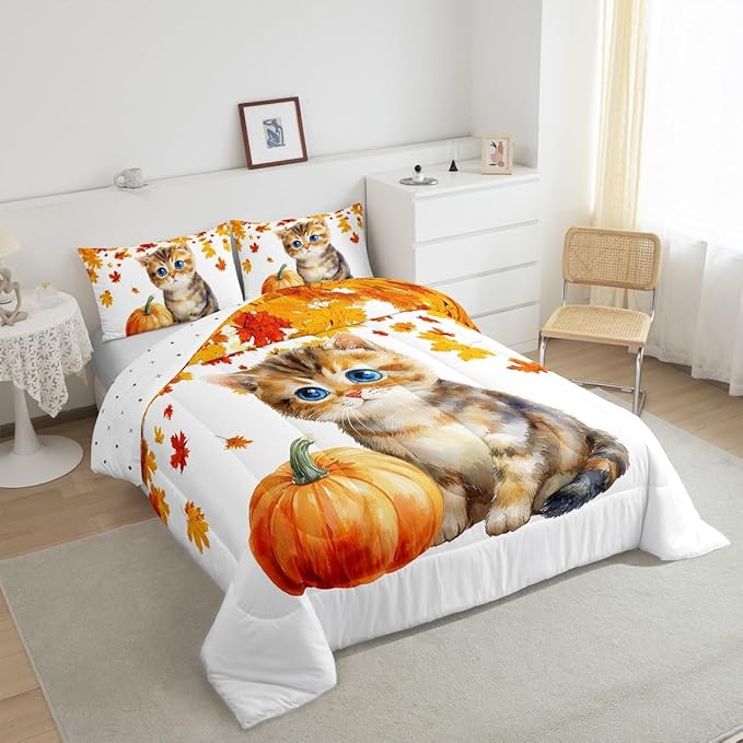 Cute Pumpkin Cat Bedding Sets Twin Kawaii Watercolor Cat Comforter Set For Kids Boys Girls Autumn Fall Maple Leaf Comforter Thanksgiving Harvest Seasonal Quilt Duvet Orange White 1 Pillow Case