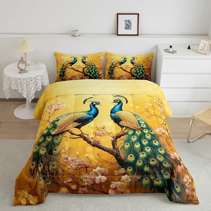 Peacock Toddler Size Comforter Sets for Kids Boys Girls,Elegant Colorful Birds Bedding Sets Youth Men Bedroom Decor,Romantic Cherry Tree 2 Pieces Quilt Set,Exotic Feather Duvet Insert,Soft Fluffy