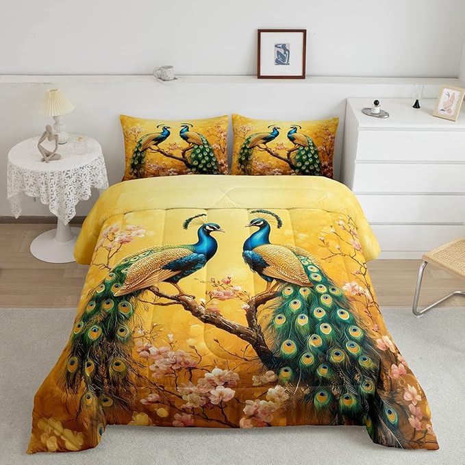 Peacock Full Size Comforter Sets for Kids Boys Girls,Elegant Colorful Birds Bedding Sets Youth Men Bedroom Decor,Romantic Cherry Tree 3 Pieces Quilt Set,Exotic Feather Duvet Insert,Soft Fluffy