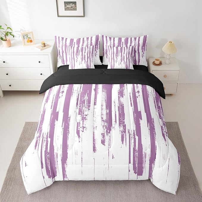 Erosebridal 7Pcs Violet Purple Comforter Set King,Lavender Abstract Art Aesthetic Striped Bed in A Bag for Teens Adults,Ink Painting Graffiti Watercolor Quilt,Vintage Gradient Ombre Modern Bedding