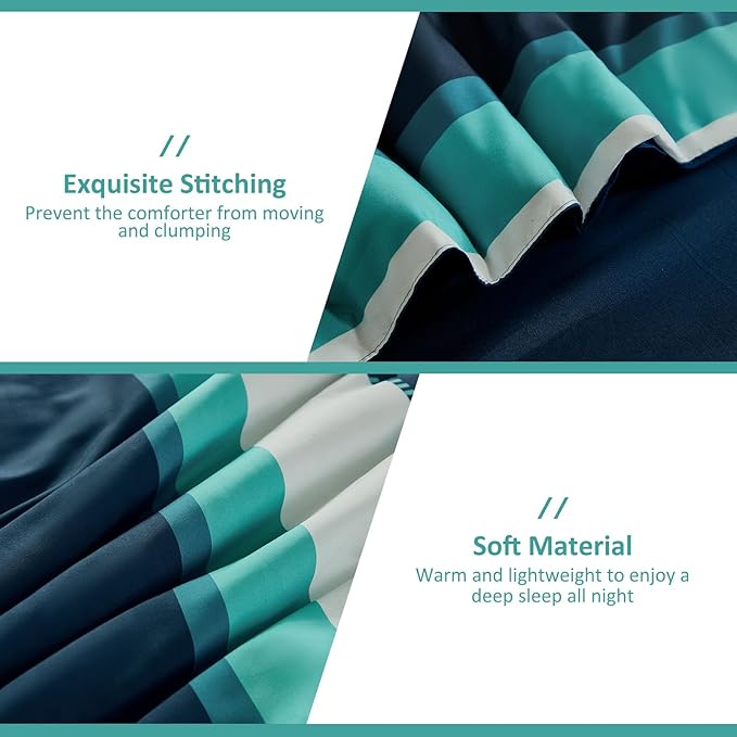 WONGS BEDDING Comforter Set King Size, Teal Striped Bed in a Bag, 7 Pieces Soft Lightweight Micorfiber Bedding Set with Comforter, Flat Sheet, Fitted Sheet, Pillow Shams, Pillowcase