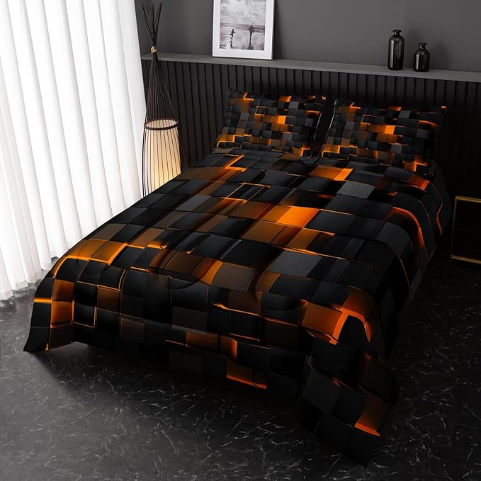 Neon Yellow Black Comforter Set Full Geometric Kids Bedding Set,3 PCS Geometry Honeycomb Bed Set Modern Quilt Set 1 Comforter 2 Pillow Cases Cool Room Decor All Season B-Side Black