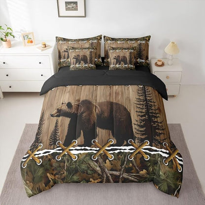 Rustic Bed in a Bag Queen Comforter Set 7-Piece | Grizzly Bear Bedding Sets Mens Hunting Comforter and Sheet Set, Woodland Animals Farmhouse Room Decor,Cabin Comforter Set Camo Country Decor