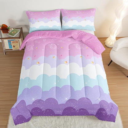 HOSIMA Galaxy Comforter Rainbow Twin Bedding Sets for Girls,Cloud Stars Twin Bed in a Bag Cute Stuff for Teen Girls Bedroom,Coquette Comforter Princess Toddler Bedding Set Kawaii Room Decor.
