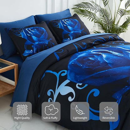 Xruibed Blue Comforter Set Queen 7 Piece Bed in a Bag Blue Rose Comforter with Sheet Set Soft Micorfiber Reversible Bedding Set (1 Comforter,2 Pillow Shams,1 Flat Sheet,1 Fitted Sheet,2 Pillowcases)
