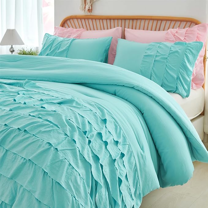 PERFEMET Teal Bedding Comforter Sets, 3 Pieces Multi Layers Ruffle Bedding Set Queen Size, Washed Microfiber Boho Comforter Set for Teens Girls Women (Teal,Queen)