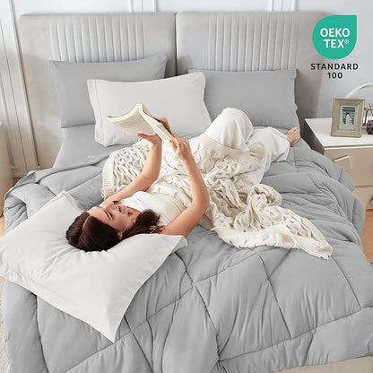 Sasttie Twin Comforter Set, 5 Pieces Reversible Bed in a Bag Twin, Complete Bedding Set Includes Comforter, Flat Sheet, Fitted Sheet, Pillowcase and Pillow Sham, Ivory & Light Grey