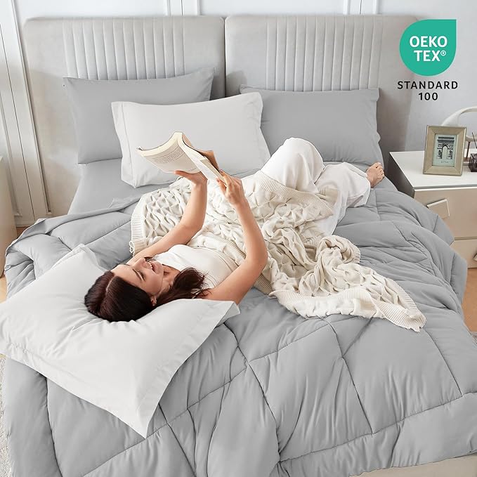 Sasttie Oversized Queen Comforter Set, 7 Pieces Reversible Bed in a Bag, Complete Bedding Set Includes 98''x98'' Comforter, Flat Sheet, Fitted Sheet, Pillowcases and Pillow Shams, Ivory & Light Grey