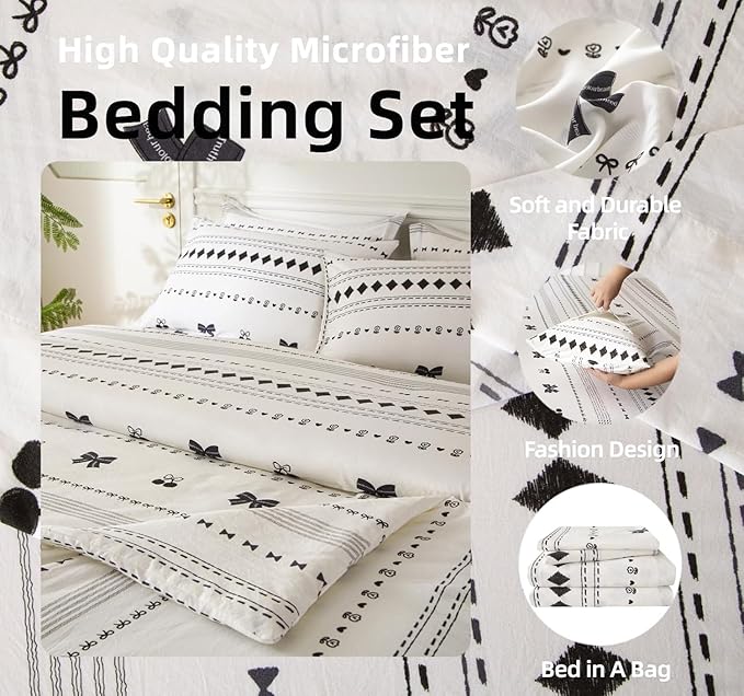 SDY 7PCS Bow Floral,Cherry Comforter and Sheet Set Full Size，Bohemian Print Pattern Bedding Sets Includes 1*Comforter,1* Flat Sheet, 1*Fitted Sheet,2*Pillowcases and 2*PillowcaseShams