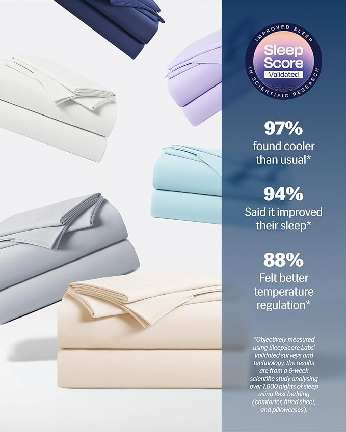 REST® Evercool®+ Cooling Sheet Set, Queen Size, Snow Ivory, Breathable Bed Sheets for Hot Sleeper and Night Sweats, with Pillowcases, with Ionic+ Self-Cleaning Silver Yarn for Sensitive Skin, 4PCS