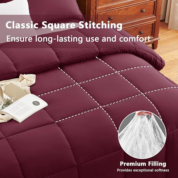 CozyLux Full Size Comforter Sets - Burgundy Comforter Full Size, 3 Pieces Box Stitched Bed Set for All Seasons, Soft Lightweight Bedding Sets with 1 Down Alternative Comforter and 2 Pillow Shams