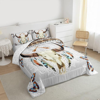 Western Bull Skull Comforter Set Queen Size,Tribal Arrow Feather Butterfly Bedding Set,Mandala Floral Print Quilt Set for Kids Girls Boys Room Decor,Vintage Boho Brown Grey Duvet Insert 3Pcs