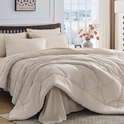 HEVUMYI Beige Tan King Comforter Set - 7-Piece All Season Bed in a Bag King, Ultra Soft Bedding Set with Comforter, Flat Sheet, Fitted Sheet, Pillowcases, Pillow Shams, Beige Tan