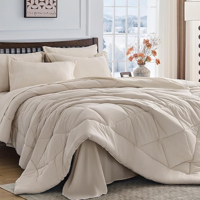 HEVUMYI Beige Tan Full Comforter Set - 7-Piece All Season Bed in a Bag Full, Ultra Soft Bedding Set with Comforter, Flat Sheet, Fitted Sheet, Pillowcases, Pillow Shams, Beige Tan