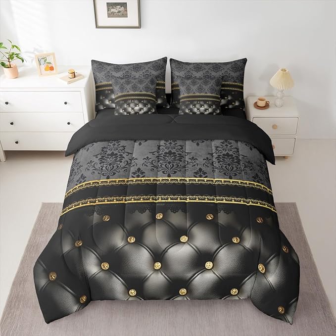 Black Damask Bed in a Bag Queen Comforter Set 7 Piece | Luxury Grey Golden Texture Pattern Bohemian Bedding Sets Antique Decor Gothic Vintage Floral Comforter and Sheet Set, Goth Victorian Bed Sets