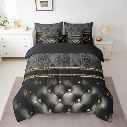 Black Damask 7 Piece Comforter Set Full Bed in a Bag | Luxury Grey Golden Texture Pattern Bohemian Bedding Sets Antique Decor Gothic Vintage Floral Comforter and Sheet Set, Goth Victorian Bed Sets