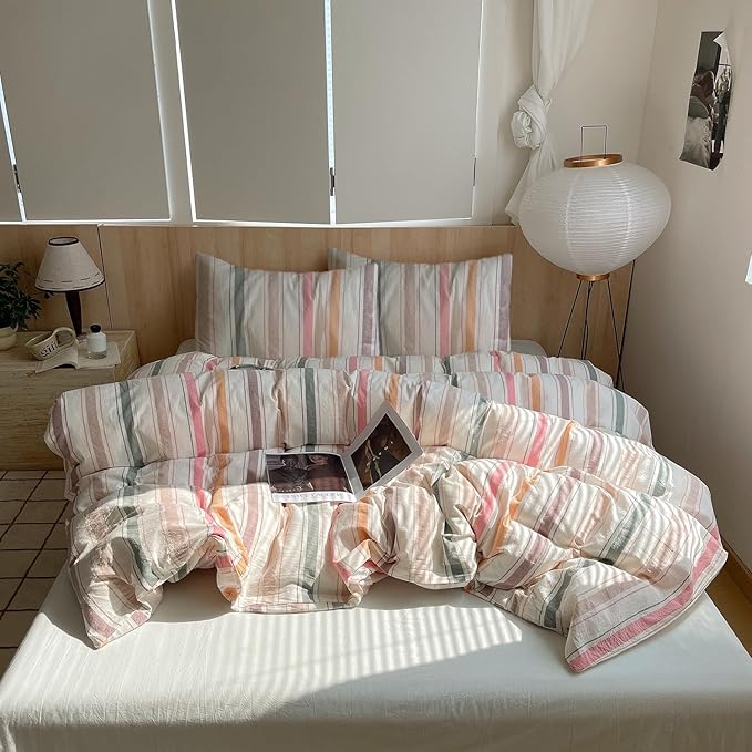 VM VOUGEMARKET Striped Comforter Set Queen Vertical Multicolor Stripes Cotton Bedding Comforter with 2 Pillowcases Modern Cozy Lightweight for Girls Women(Orange/Pink/Green/Coffee)