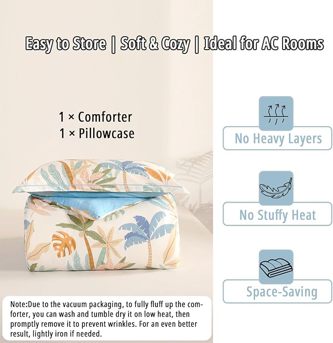 Tropical Coastal Blue Cotton Comforter Twin Size 2Pcs - Bright Orange, Olive Green & Beige Palm and Leaf Patterns, Botanical Lightweight Reversible Bedding Sets with Soft Fill(68"×90")