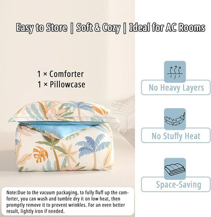 Tropical Coastal Blue Cotton Comforter Twin Size 2Pcs - Bright Orange, Olive Green & Beige Palm and Leaf Patterns, Botanical Lightweight Reversible Bedding Sets with Soft Fill(68"×90")