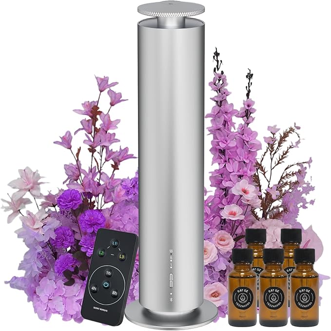 Waterless Essential Oil Diffuser, Long Lasting Aromatherapy Scent Diffuser for Home with Light Mode, 1000 Sq. Ft Coverage Quiet Oil Diffusers for Bedroom Safe for Kids&Pets, Silver