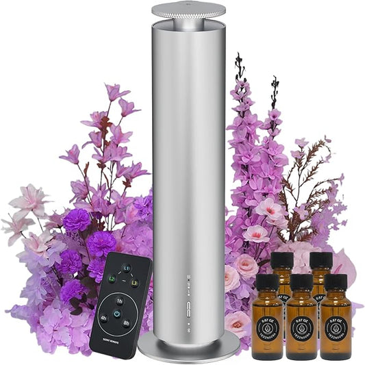 Waterless Essential Oil Diffuser, Long Lasting Aromatherapy Scent Diffuser for Home with Light Mode, 1000 Sq. Ft Coverage Quiet Oil Diffusers for Bedroom Safe for Kids&Pets, Silver