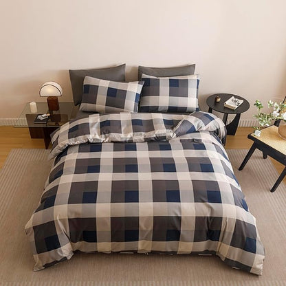 CLOTHKNOW Blue Grey Plaid King Size Comforter Set Gingham Buffalo Bedding Comforter Sets Geometric Comforter King Sets with 2 x Pillow Cases