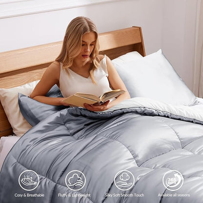 Whale Flotilla 2-Piece Reversible Silky Soft Twin Size Comforter Bedding Set, Luxurious Satin Comforters with Satin Pillowcase, Lightweight Duvet for All Seasons, Grey
