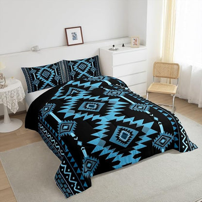 Feelyou Blue Black Southwestern Comforter Set Tribal Native American Indian Bedding Set Full Size Farmhouse Western Room Decor Duvet Quilt