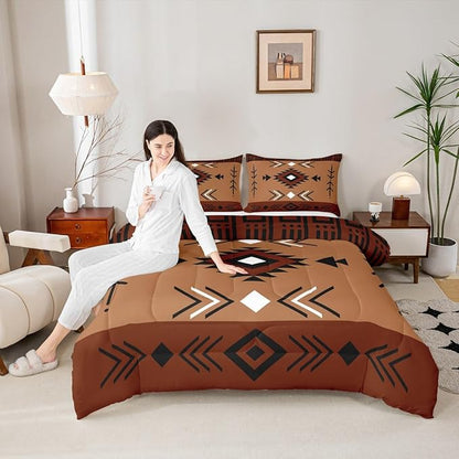 Queen Size Western Aztec Bedding Set, Native American Navajo Comforter Set For Boys Adult Teens Men, Southwestern Geometric Duvet Insert Ethnic American Native Quilt Rustic Farmhouse Decor, Brown
