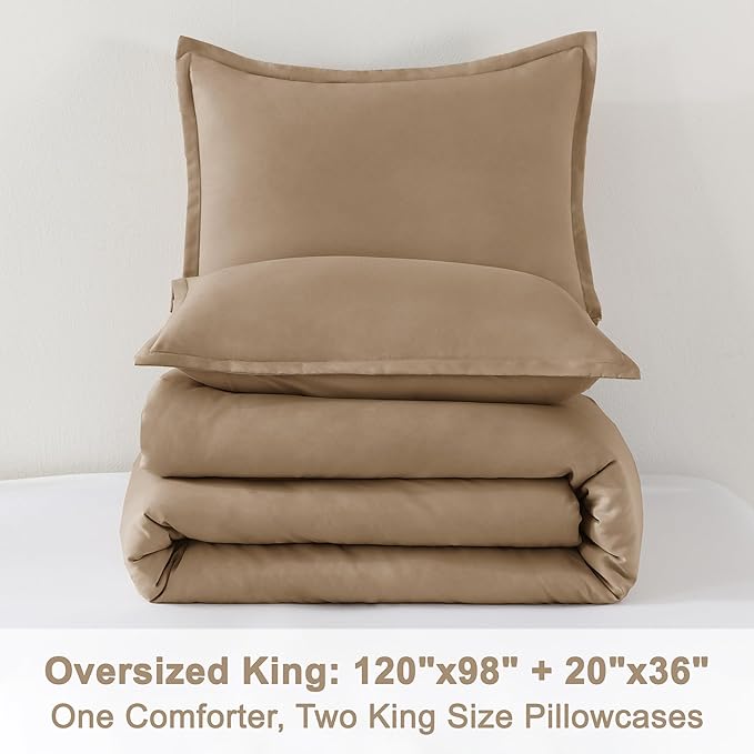 Litanika Comforters Taupe Oversized King Size, 3 Pieces Lightweight Solid Bedding Set & Collections, All Season Fluffy Bed Set (120x98In Comforter & 2 Pillowcases)
