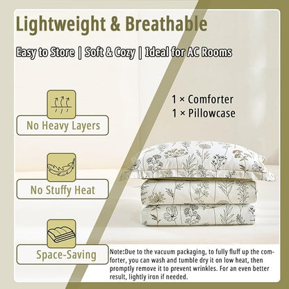 White Botanical Cotton Comforter Twin Size - 2PC Lightweight Bedding Sets with Down Alternative Fill, Luxurious Pale Mustard Reversible Design (1 Comforter, 1 Pillowsham)