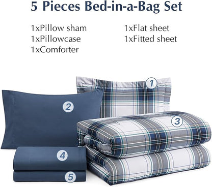 MaiRêve Twin XL Size Plaid Comforter Set Blue White, Classic 5 Pieces Farmhouse Bedding Set, All Season Lightweight Bed in A Bag with Sheets, Pillowcase & Sham