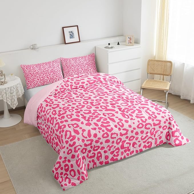 Feelyou Cute Leopard Bedding Set Cheetah Comforter Set for Kids Boys Girls Teens Room Decor Pink Animal Print Comforter Queen Size Safari Duvet Set 3Pcs