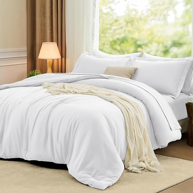 FUANNA Queen Comforter Set White, 7 Pieces Soft Bedding Sets Queen Size, All Season Lightweight Bed in a Bag with Comforter, Flat Sheet, Fitted Sheet, Pillowcases & Shams