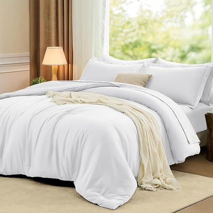 FUANNA King Size Comforter Sets White, 7 Pieces Soft Bedding Set, All Season Lightweight Bed in a Bag with Comforter, Flat Sheet, Fitted Sheet, Pillowcases & Shams