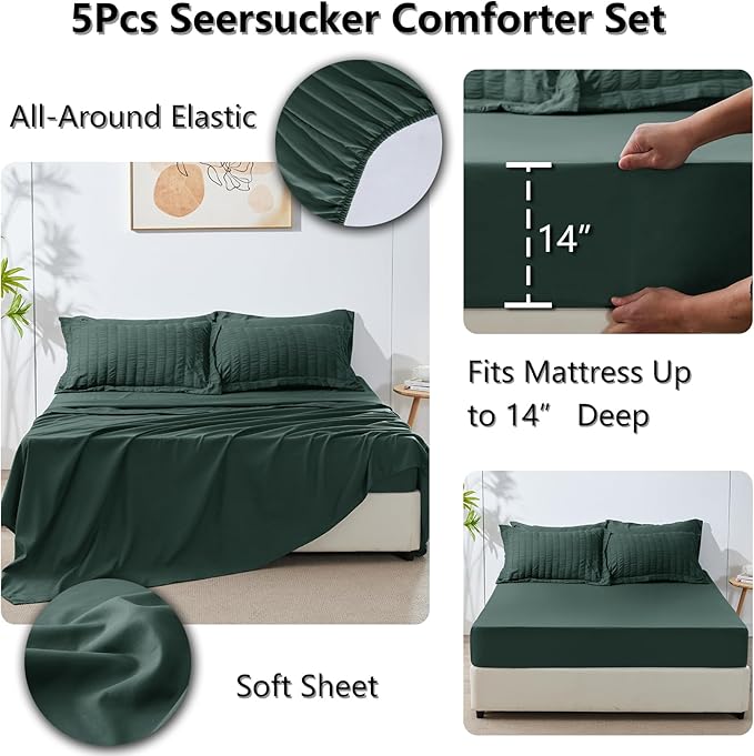CozyLux Twin Comforter Set with Sheets 5 Pieces, Forest Green Seersucker Textured Bed in a Bag, Luxury Soft Bedding Set with Down Alternative Comforter, Sheets, Pillowcases & Shams for All Seasons