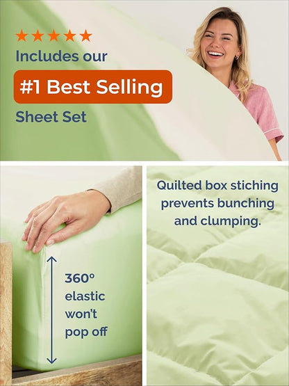 Twin Comforter Set - 2 Piece Bed Set for All Seasons - 1 Soft Quilted Comforter w/ Corner Tabs & 1 Pillow Sham - Comfy & Breathable - Premium Down Duvet Insert - Oeko-TEX - Twin Size, Light Sage Green