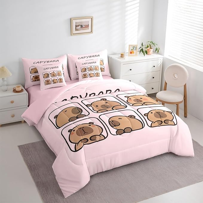 Erosebridal Kids Capybara 7 Pieces Bedding Set Twin Size,Cute Rodent Animal Bed in a Bag,Capybara Lovers Bed Set Includes Comforter,Sheet Set,Pillowcases & Pillow Covers,Cartoon Animal Bedroom Decor