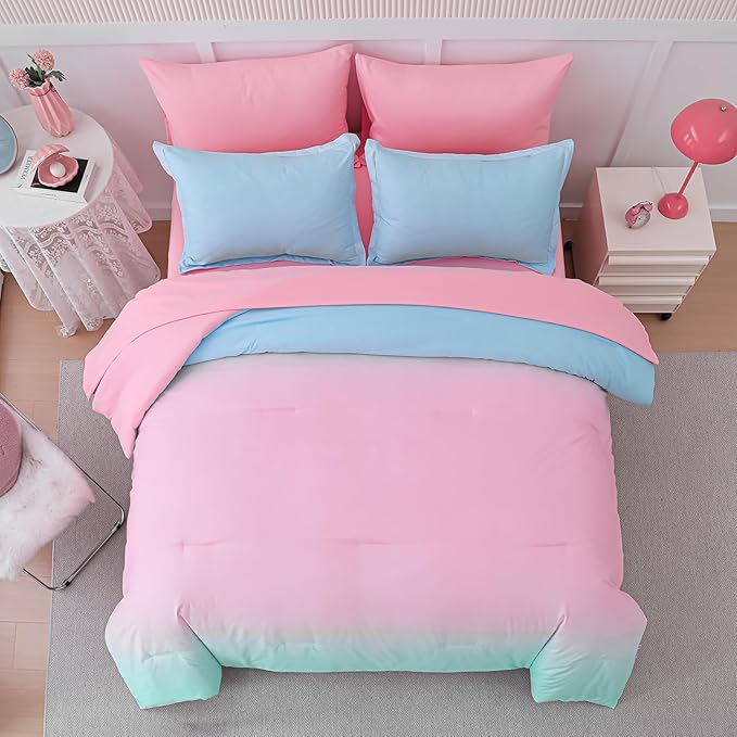 Drucon Comforter Set Queen Size for Teen Girl & Women,7 Pieces Bed in A Bag Gradient Pink Green Bedding Set (1 Comforter, 1 Flat Sheet, 1 Fitted Sheet, 2 Pillow Shams, 2 Pillowcases)
