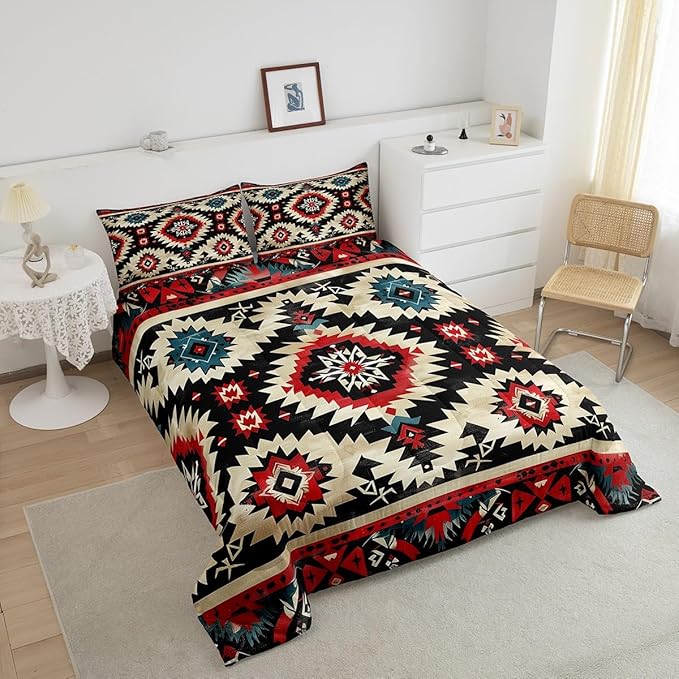 Feelyou Boho Comforter Set Full Size Southwest Native American Design Comforter Southwestern Geometric Bedding Set Western Decor Duvet Set Room Decor Black Beige Quilt Set