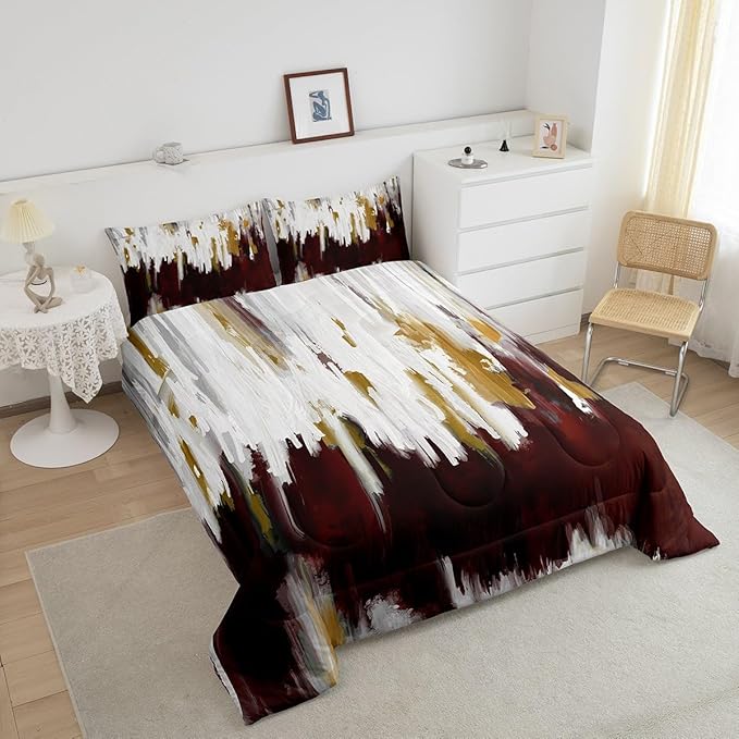 Erosebridal Burgundy Comforter Twin Ombre Abstract Art Bedding Set, Brush Marks Gradient Down Comforter Contemporary Vintage Bed Set, Watercolor Stripe Aesthetic Quilted Duvet