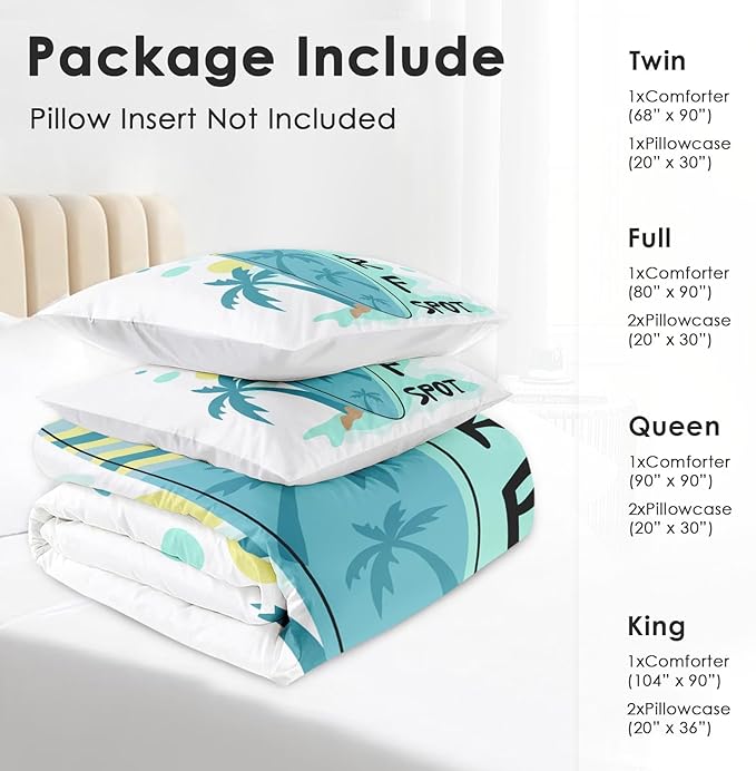 Comforter Set Twin Size, Surfboard Sea Summer 2 Pcs Soft Bedding Set for Kids and Adults, Palm Tree Beach Sun Comforter Set with Pillowcase, for Bedroom Bed Decor