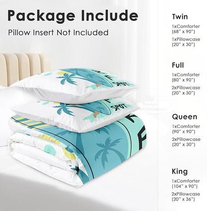 Comforter Set King Size, Surfboard Sea Summer 3 Pcs Soft Bedding Set for Kids and Adults, Palm Tree Beach Sun Comforter Set with 2 Pillowcases, for Bedroom Bed Decor