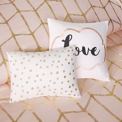 Intelligent Design Raina Twin/ Twin XL Comforter Set, Chic Geometric Metallic Bed Set for girls, 4 Pieces Dorm College Bedding with 1 Shams, 2 Toss Pillows, Blush/Gold