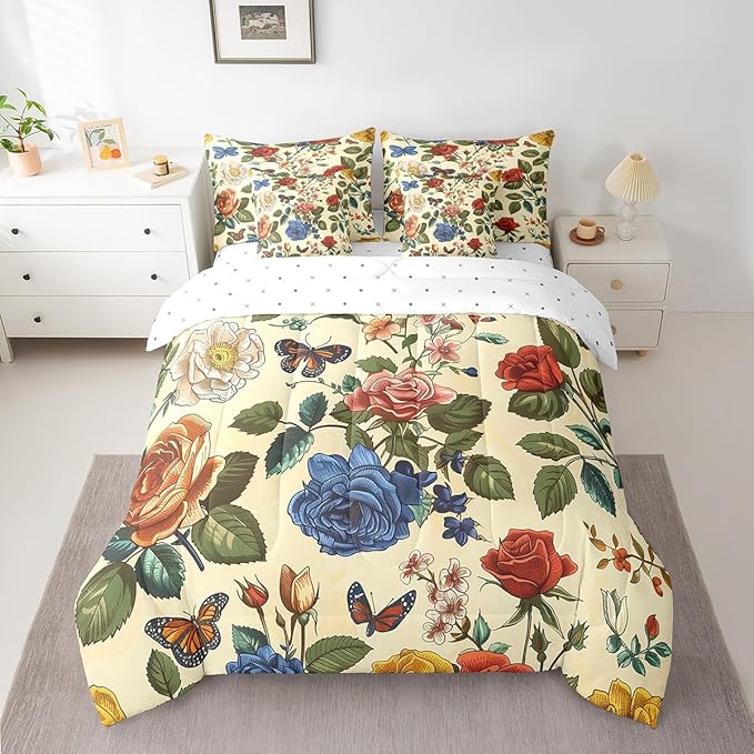 Feelyou Rose Comforter Set King Size 7 Pieces Rose Floral Flower Bedding Set for All Season Romantic Butterfly Vintage Garden Flower Bed in a Bag with Comforter, Sheets, Pillowcases & Cushion Cover