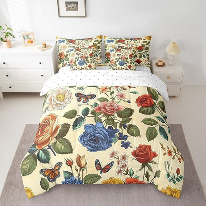 Feelyou Rose Comforter Set King Size 7 Pieces Rose Floral Flower Bedding Set for All Season Romantic Butterfly Vintage Garden Flower Bed in a Bag with Comforter, Sheets, Pillowcases & Cushion Cover