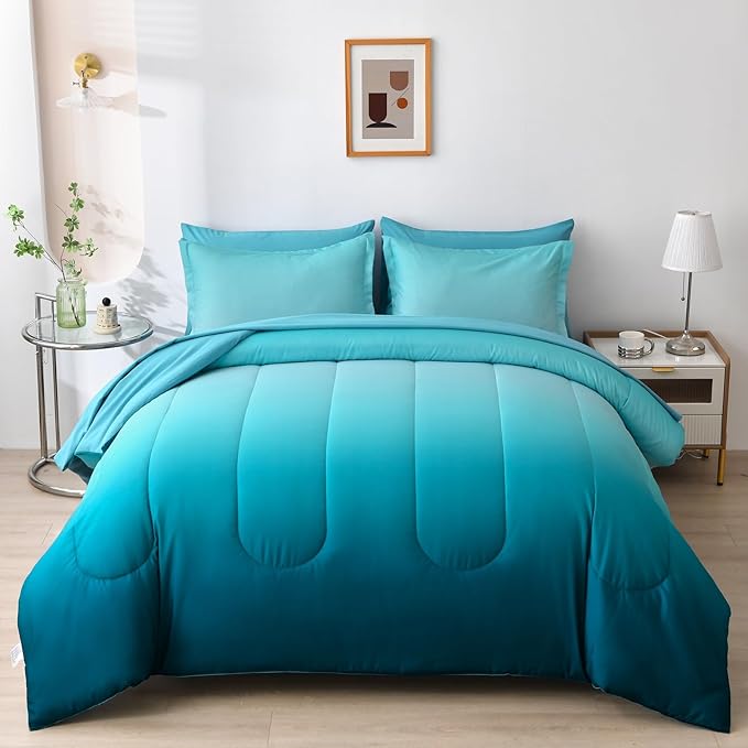 Anibedding 7 Pieces Teal King Comforter Set Lightweight Gradient Teal Green Bed in a Bag Set, All Season Ombre Complete Bedding Set with Flat/Fitted Sheet, 2 Pillowcases and 2 Pillow Shams