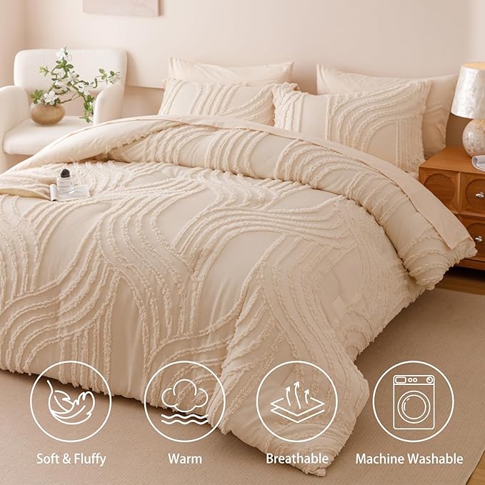 Beige Full Comforter Set - 7 Pieces Bed in a Bag, Premium Comforters Full Size Bed Set Tufted Shabby Chic Bedding Comforter Set with Flat Sheet, Fitted Sheet and Pillowcases,Beige