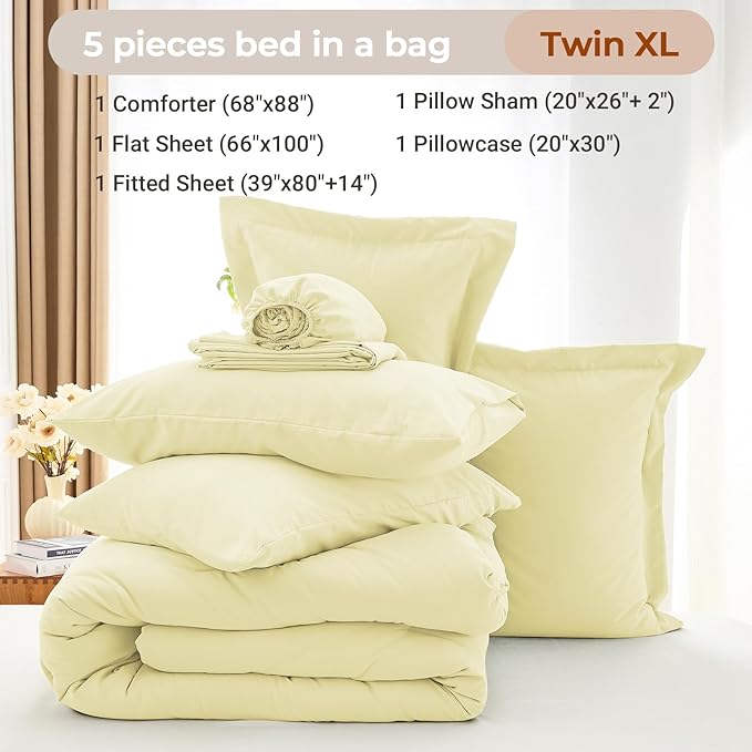 MUXHOMO 5 Pieces Twin XL Comforter Set, Soft Bed in a Bag Twin XL Size, All Season Bedding Set with Comforter, Flat Sheet, Fitted Sheet, Pillowcases & Shams, Cream Yellow