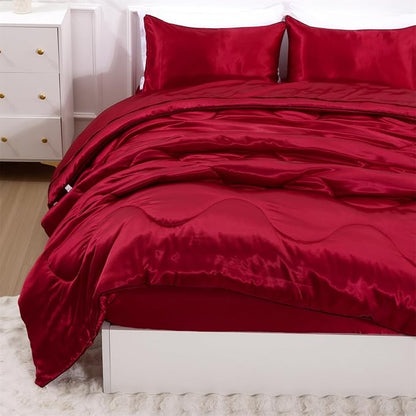 A Nice Night 5PCS Satin Silky Soft Quilt Luxury Super Soft Microfiber Bedding Thin Comforter Set Queen,Red